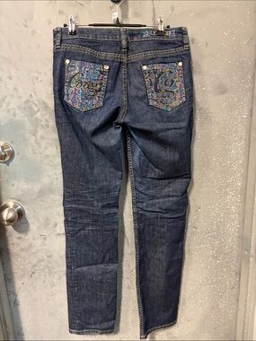 COOGI Dark Blue Skinny Jeans with Multicolor Embellished Pockets Y2K